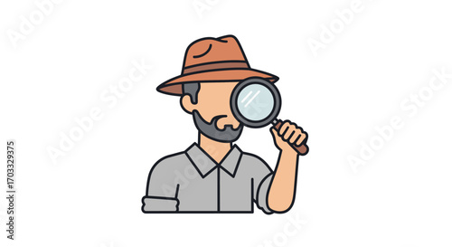 A cartoon illustration of a man with a magnifying glass, likely a detective or explorer.