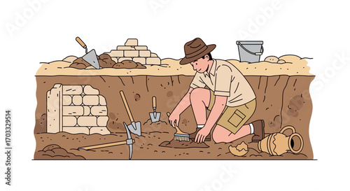 Archaeologist carefully unearths ancient artifacts in a historical excavation site.