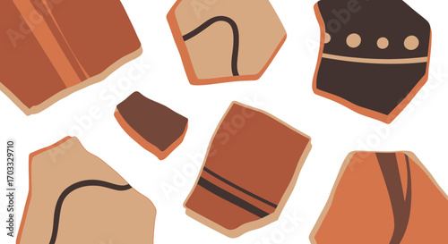 Scattered fragments of ancient pottery shards, displaying geometric designs in terracotta and brown.
