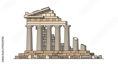 Ruined ancient temple structure, showing columns and crumbling facade.