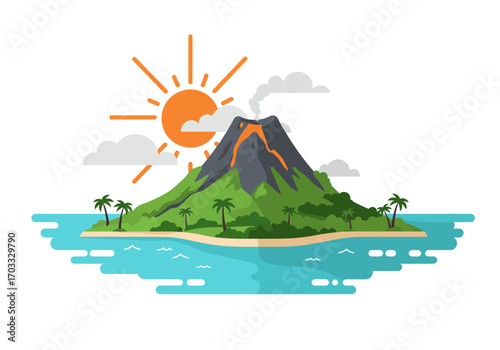 Tropical island with volcano, sun, clouds, turquoise water. Suitable for travel, tourism, and outdoor adventure promotions or designs.
