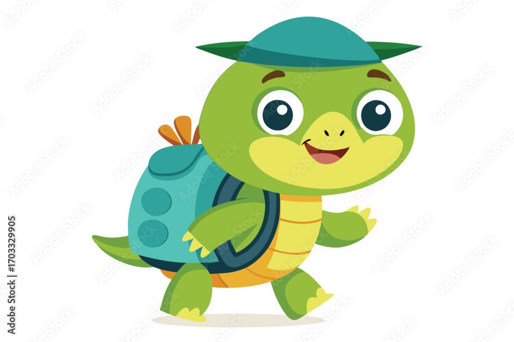 Fototapeta premium Cheerful green turtle cartoon character is walking wearing a hat and backpack happily
