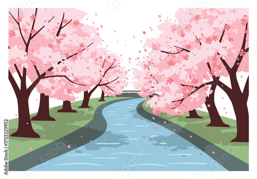 Cherry blossom trees lining a river in a serene japanese landscape, ideal for nature, travel, zen concepts, and springtime themes.