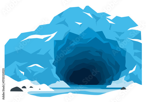 Bluish ice cave entrance with water and dark depths. Ideal for travel brochures. Suitable for tourism websites and posters.