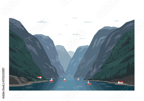 Fjord landscape with mountains and boats ideal for travel brochures, outdoor adventure websites, and nature tourism promotions.