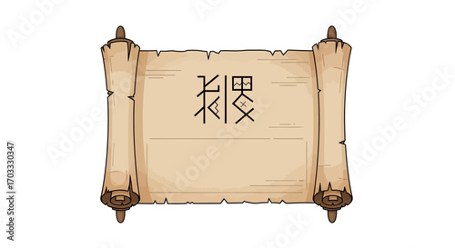 An illustrated scroll with Chinese characters, featuring a parchment-like texture and rolled edges.
