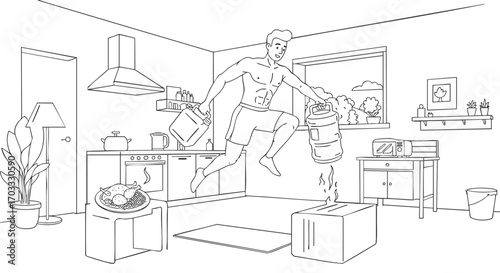 Man Jumping with Buckets in a Kitchen Environment