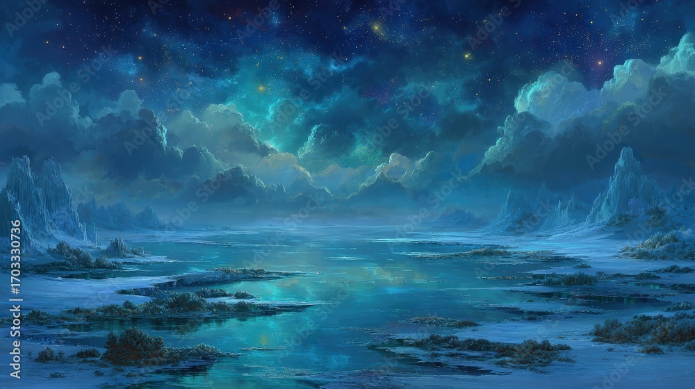 Naklejka premium Winter Night Landscape With Frozen Lake And Stars