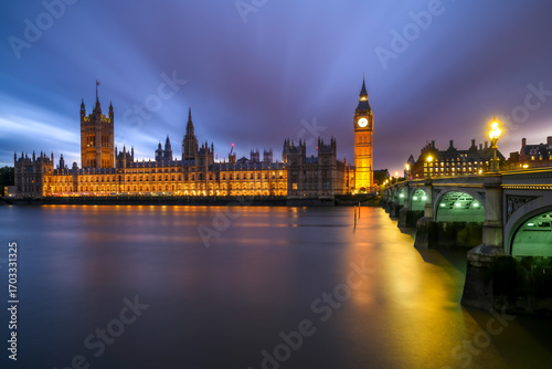 Big Ben Tower and House of Parliement Blue Hours Long Exposure Panoramic Photo with a Dynamic Skyline