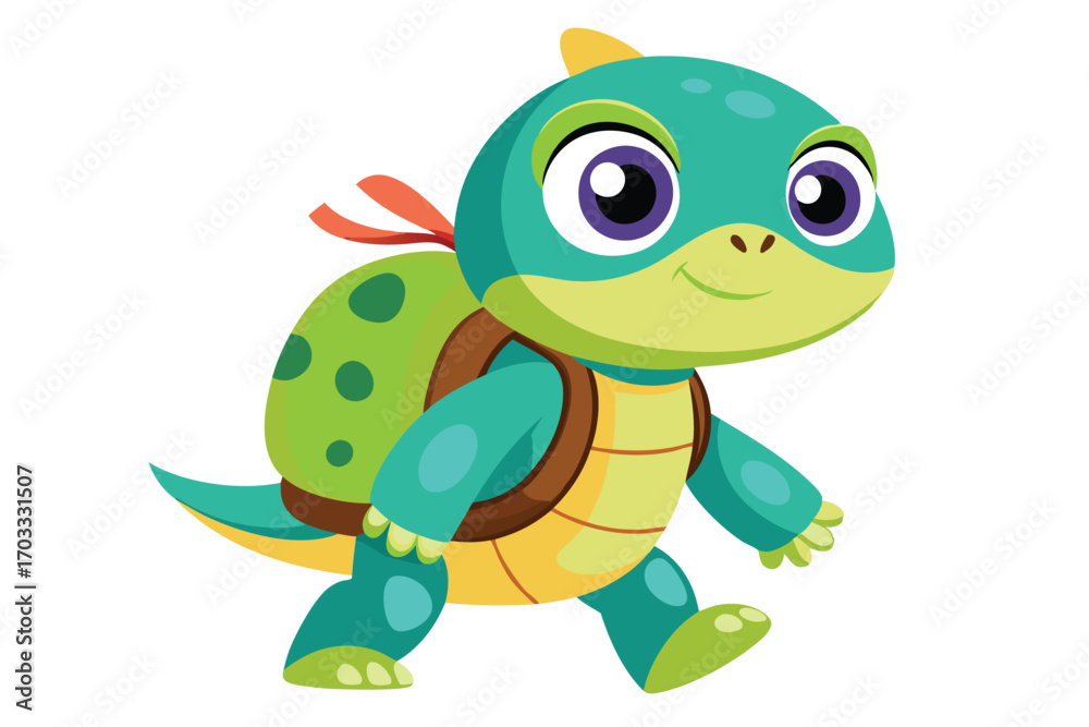 Fototapeta premium Smiling cartoon turtle with backpack is walking forward happily in a colorful vector
