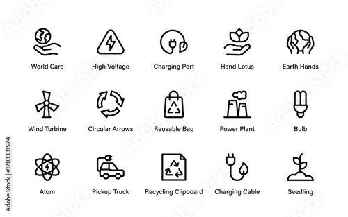 Modern ecology and ecosystem professional line icon pack featuring minimal and clean outline vector symbols for renewable, conservation, and biodiversity themes