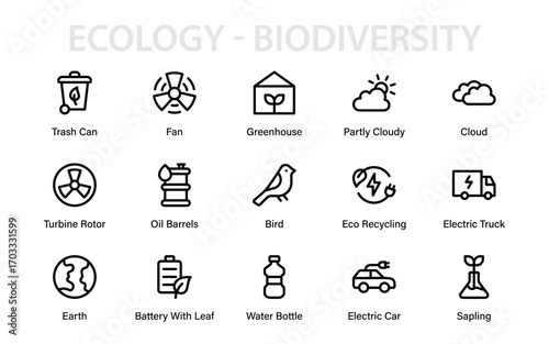 Ecology and biodiversity modern line icon collection with professional minimal outline vector illustrations for biodiversity, climate, and global green living