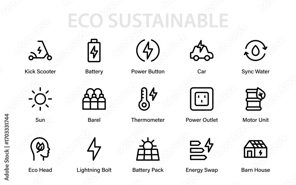 Fototapeta premium Eco Sustainable Modern Line Icon Set – Professional and Minimal Icons for Renewable Power and Green Technology