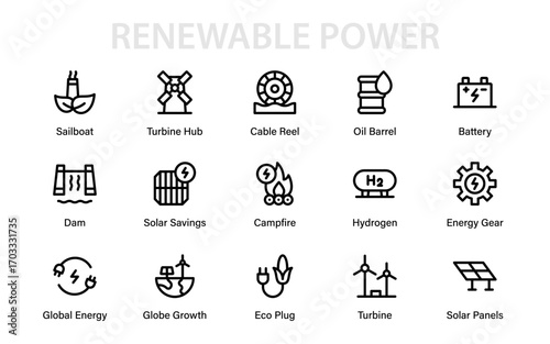 Renewable Power Modern Line Icon Collection – Professional and Minimal Icons for Eco Energy and Green Innovation