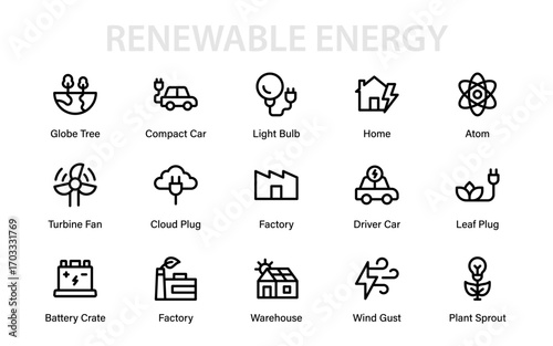 Modern Renewable Energy Line Icon Collection – Professional, Minimal Icons for Eco-Friendly Power and Sustainability