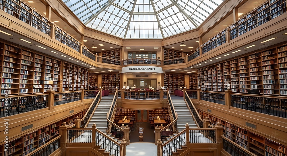 Fototapeta premium Library Interior with Stairs and Bookshelves