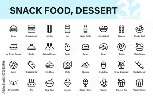 Snack Food, dessert Professional Line Icon Pack. Unique modern outline vector set of burgers, fries, pizza, hotdog, and fast food meals