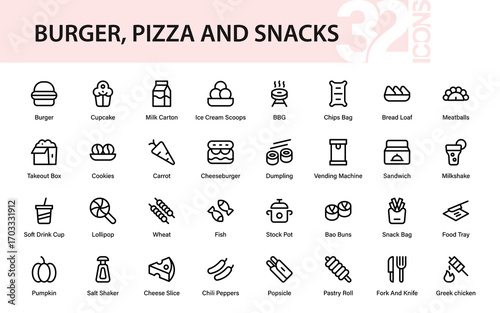 Burger, Pizza and snacks Modern Line Icon Collection. Minimal professional vector pack of snacks, hotdog, fries, drinks, and delicious fast food meals