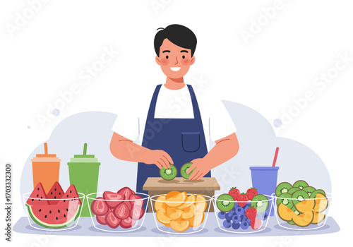 Man cutting kiwi by fruit containers, suitable for healthy lifestyle, nutrition, and food preparation concepts in commercial design.