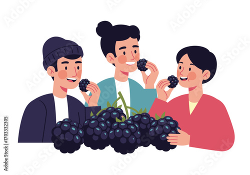 Three friends enjoying fresh blackberries, ideal for promoting healthy eating, friendship, summer activities, or food sharing concepts in marketing materials.