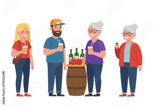 Group of friends enjoying drinks and snacks by a barrel. Perfect for showcasing social gatherings, friendships, outdoor parties, and celebrations.