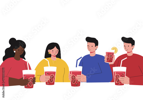 Four friends sharing drinks together in a vibrant atmosphere. Suitable for lifestyle, socializing, friendship concepts in marketing materials.