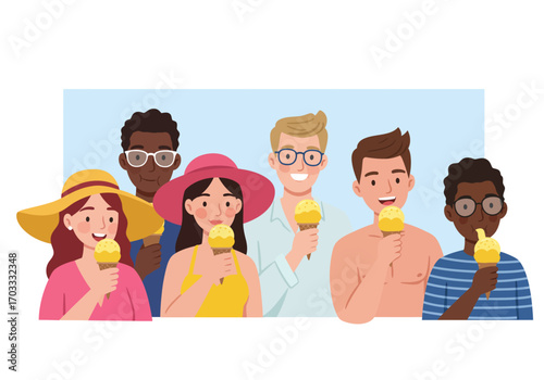 Six diverse people enjoy yellow ice cream cones against a blue background suitable for summer, food, happiness, diversity, and lifestyle themes.