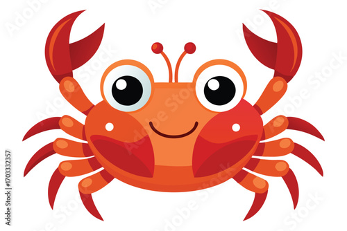 Cheerful red crab cartoon character poses with open claws against the white backdrop