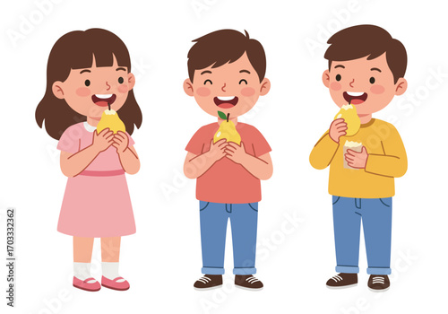 Three children happily enjoy a yellow treat together perfect for illustrating joy, friendship, snack time, childhood happiness, and outdoor fun.
