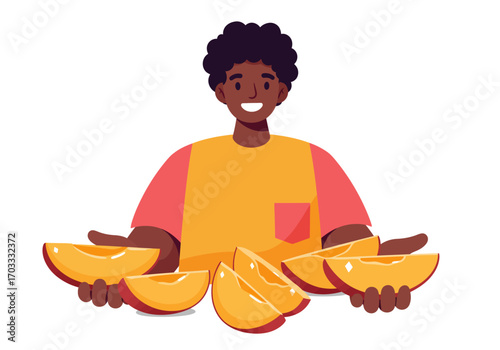 Smiling person presenting cantaloupe slices as treats. Perfect for food blogs, health magazines, recipe websites, and social media posts.