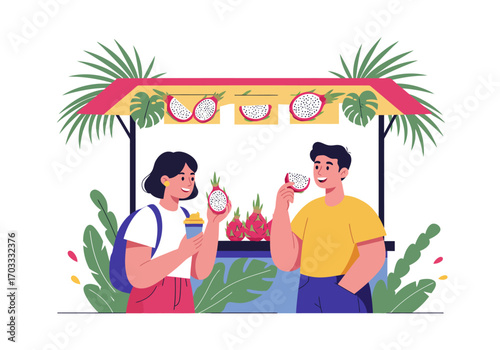 Happy couple at tropical market stall enjoying fresh dragon fruit. Perfect for travel, food, and lifestyle themed projects.