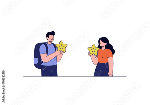 Two people hold starshaped fruit in an illustration. Ideal for wellness, health, friendship, partnership concepts in designs and print.