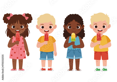 Four diverse children happily enjoying frozen fruit pops, perfect for summerthemed advertisements, food blogs, or lifestyle publications targeting families.