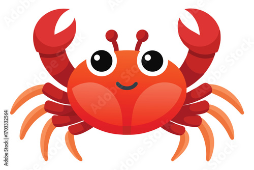Cartoon red crab presents a cute smile with large claws and antenna