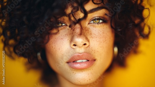 Close-up of a woman with curly hair and freckles on a yellow background