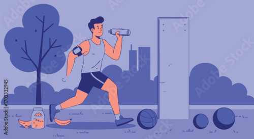 Active man enjoying an outdoor workout in a city park, hydrating and promoting a healthy fitness lifestyle concept