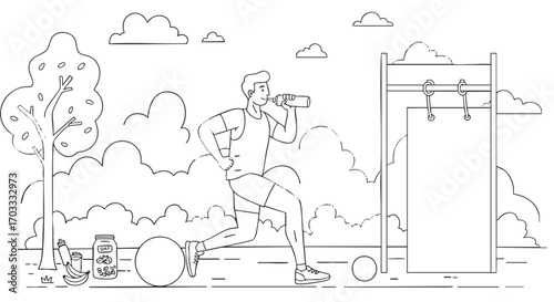 Line art illustration of a fit man hydrating during an outdoor workout. Active lifestyle and fitness concept with exercise equipment in a park