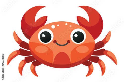 Round orange crab smiles with cheerful expression and extended red claws against white backdrop