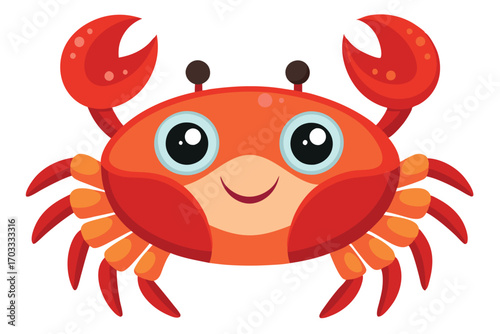 Cheerful red cartoon crab with big eyes and claws smiles on white