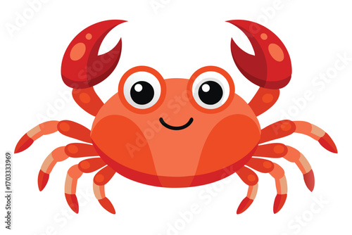 Cheerful red cartoon crab smiles with large eyes and waving claws on white