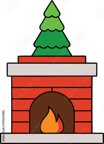 fireplace with mini christmas tree on white backgr.eps