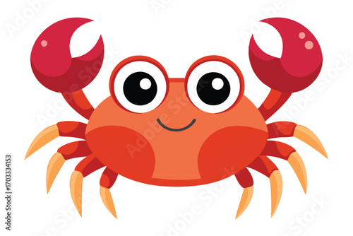 Cartoon red crab with big eyes and a smile stands on a white background