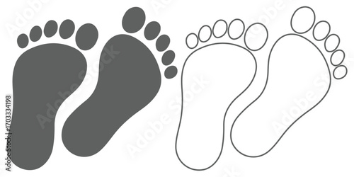 Three stylized footprints of varying sizes symbolizing growth progress or different ages possibly representing childhood adolescence and adulthood. Simple black footprint pair icon graphic