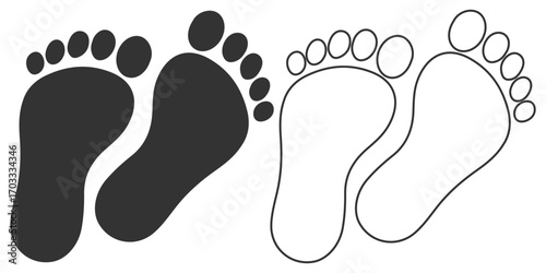 Three stylized footprints of varying sizes symbolizing growth progress or different ages possibly representing childhood adolescence and adulthood. Simple black footprint pair icon graphic