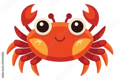 Cheerful orange cartoon crab with big eyes smiles on a transparent background