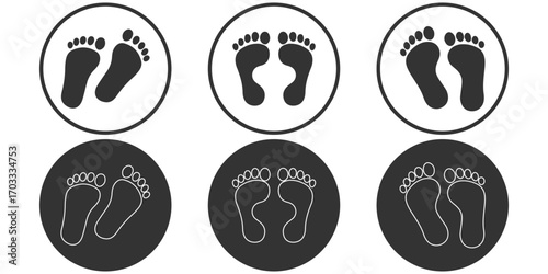 Trails of various human footprints. Vector isolated lines of male and female footwear steps. Human footmark silhouettes. Women and men shoes tracks. Barefoot and stilettos, sneaker and boot footsteps.