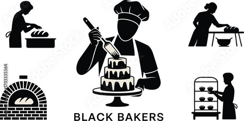 Silhouettes of Black Bakers Baking Bread and Cakes, Decorating Pastries, Bakery Workers, Oven and Display Scenes, Culinary Skills, Black Chef Art, Bakery Vector Illustration