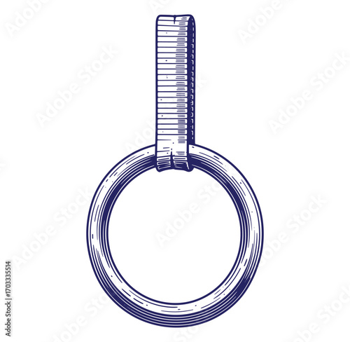 Intricate hand drawn illustration of a gymnastic ring with attached strap for fitness use
