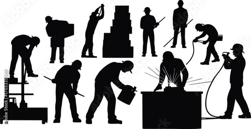 Silhouette of Industrial Workers Performing Labor Tasks, Construction and Welding Scene, Manual Work Illustration, Skilled Tradespeople, Factory Occupations,