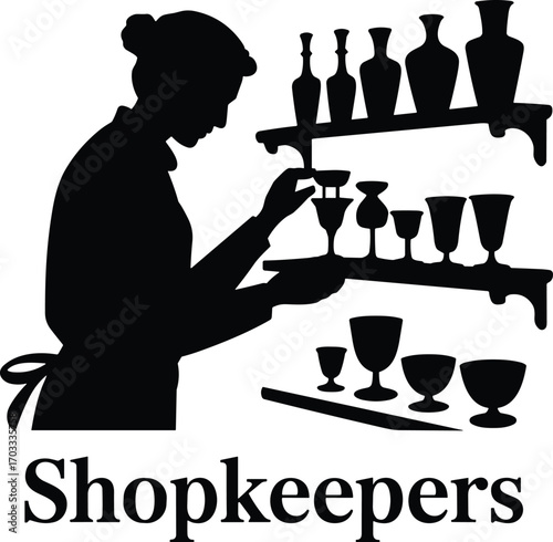 Silhouette of Shopkeeper Arranging Glassware, Retail Worker Illustration, Store Display Setup, Small Business Scene, Vintage Shop Art, Salesperson Organizing Products,